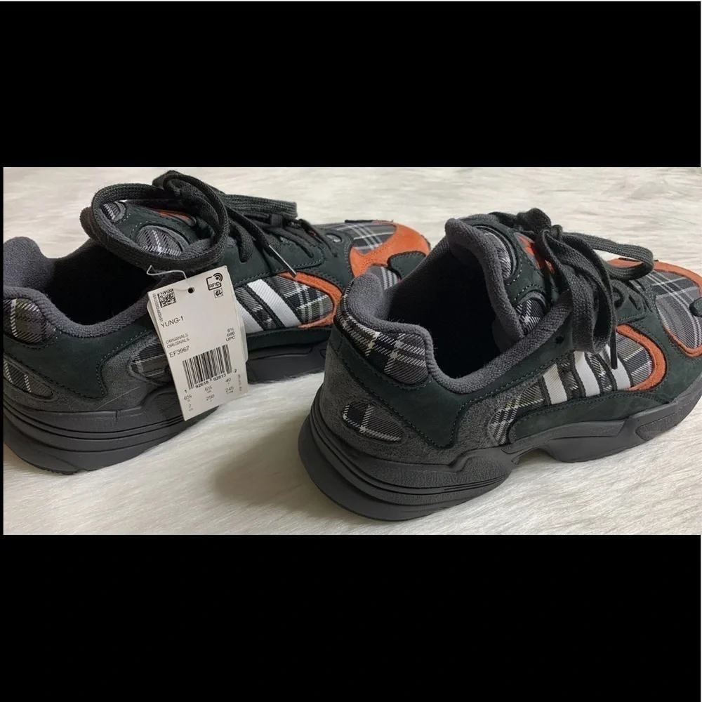 Adidas Mens Yung-1 Plaid Solid Grey Orange Shoes